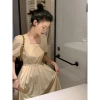 French retro light yellow square neck tea break puffed sleeve dress for women with a cinched waist 2021 new style Specification image